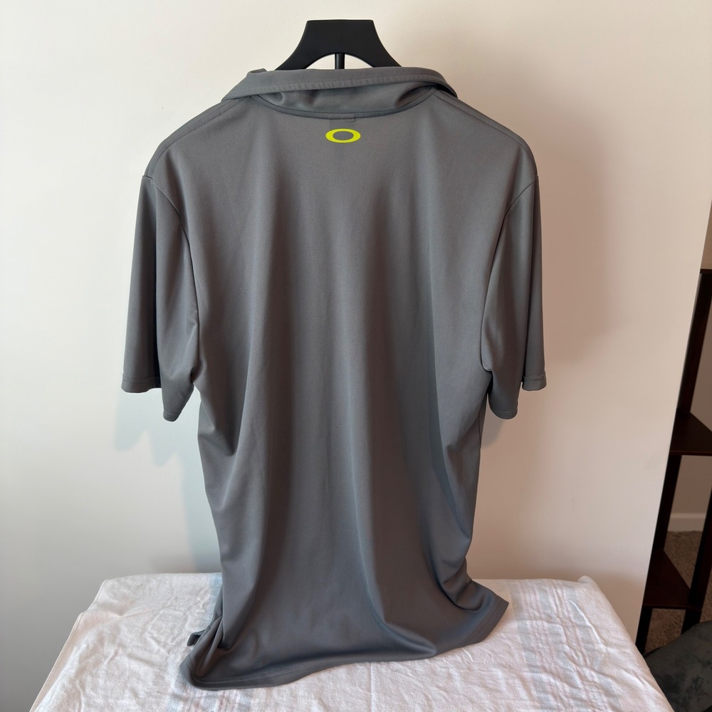 Oakley Mens Gray Short Sleeve Polo Shirt Neon Yellow Stripes Logo Large L - Picture 4 of 6